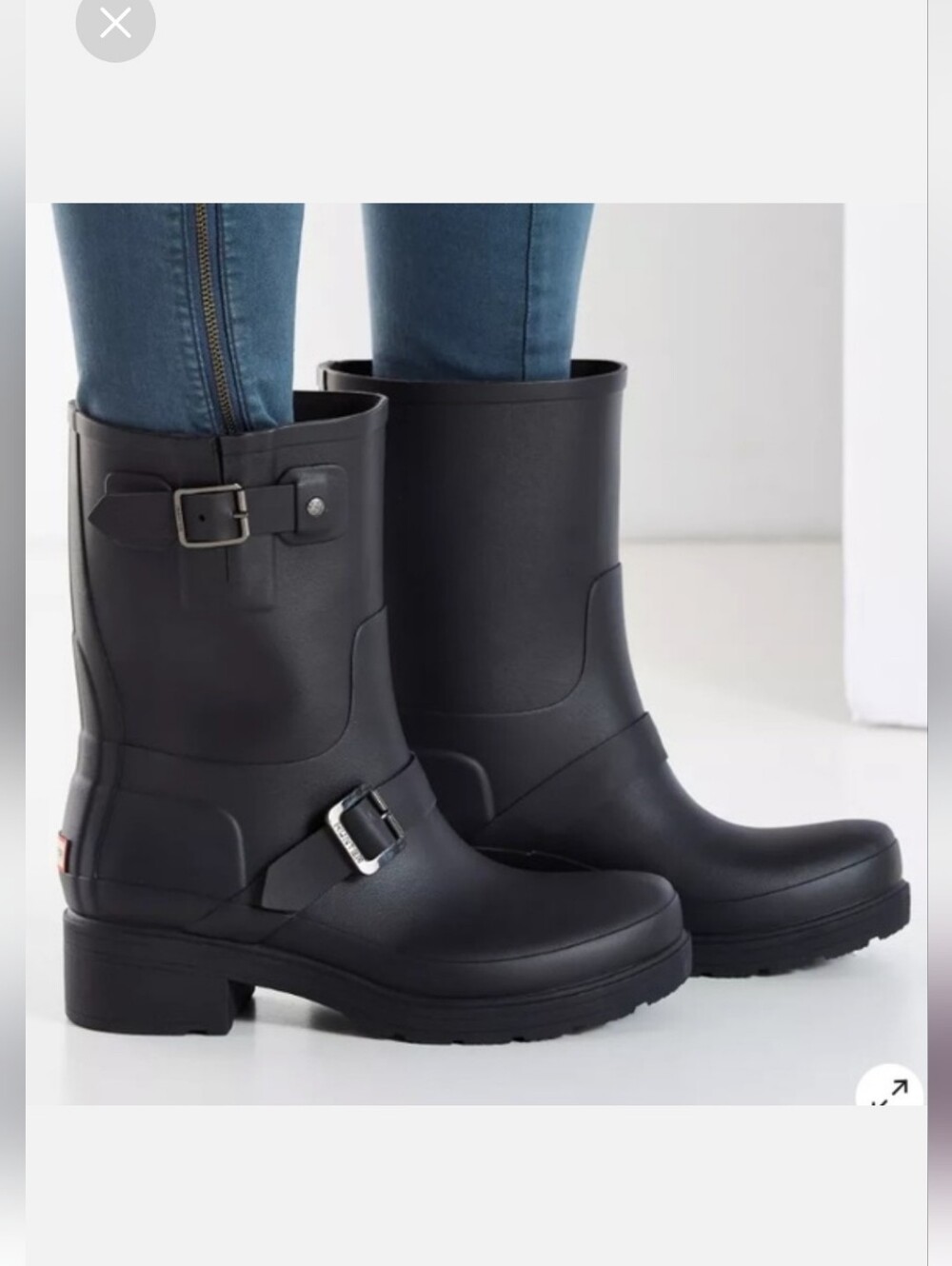 Hunter Black Rubber Biker Mid-Calf Waterproof Rain Boots Buckle Accents Sz 9